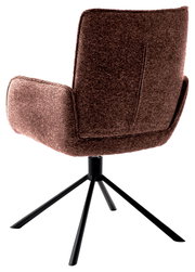 Rückansicht eines Armlehnstuhls mit braunem Stoffbezug und schwarzem Metallgestell.