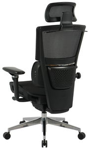 Rückansicht eines modernen Chefsessels mit Netzrückenlehne und verstellbarer Kopfstütze