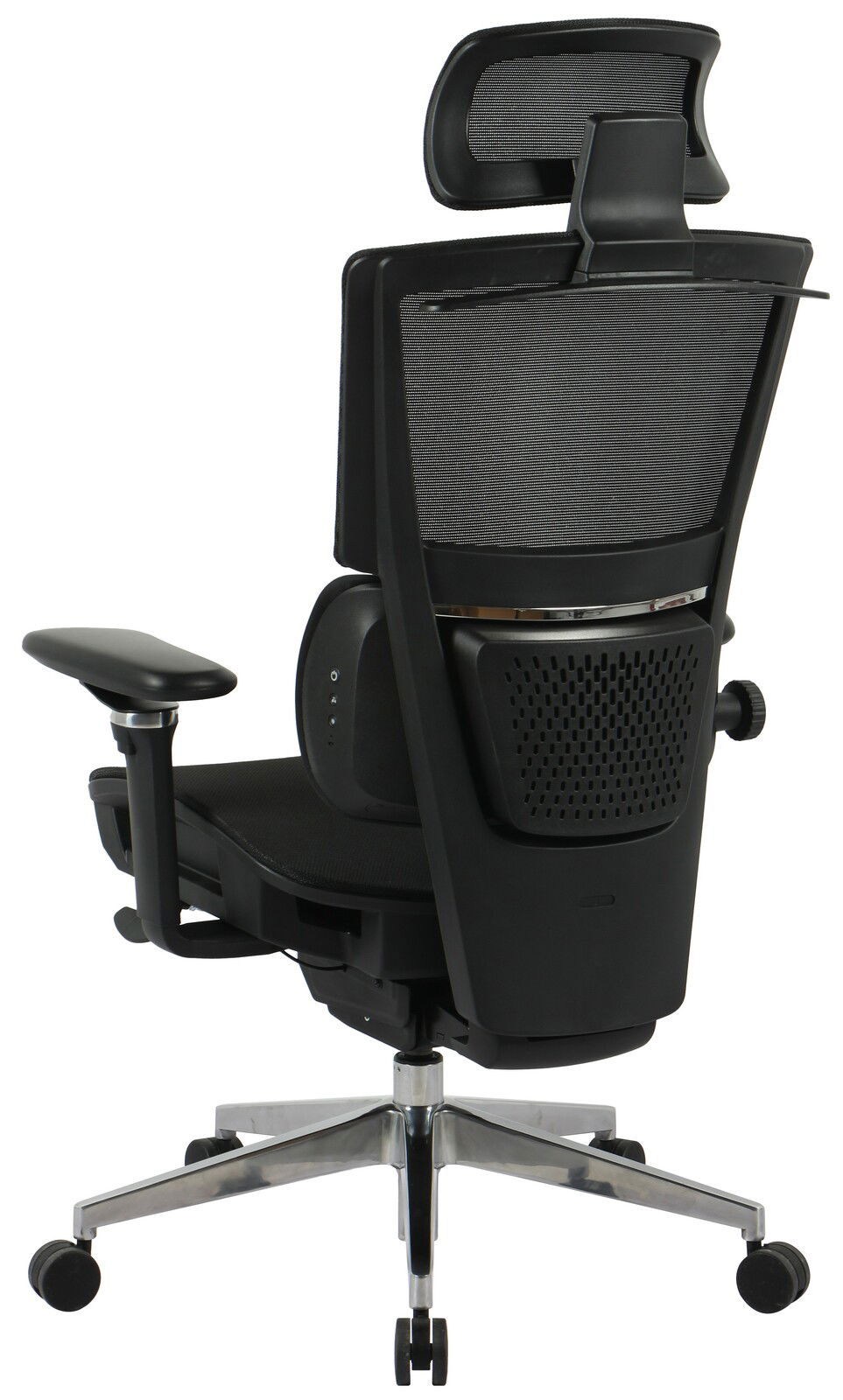 Rückansicht eines modernen Chefsessels mit Netzrückenlehne und verstellbarer Kopfstütze