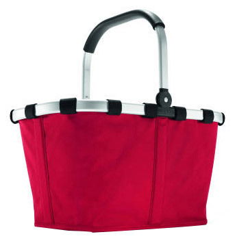 Rote Einkaufstasche mit Aluminiumgriff, seitliche Perspektive
