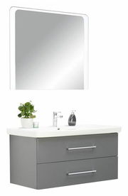 Moderne Badkombination mit grauem Unterschrank, zwei Schubladen, weißem Waschbecken und großem Spiegel, frontale Ansicht.