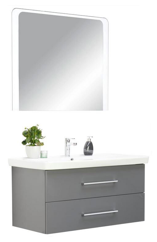 Moderne Badkombination mit grauem Unterschrank, zwei Schubladen, weißem Waschbecken und großem Spiegel, frontale Ansicht.