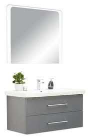 Moderne Badkombination mit grauem Unterschrank, zwei Schubladen, weißem Waschbecken und großem Spiegel, frontale Ansicht.