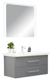 Moderne Badkombination mit grauem Unterschrank, zwei Schubladen, weißem Waschbecken und großem Spiegel, frontale Ansicht.