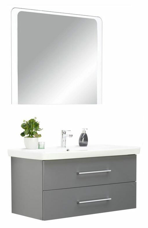 Moderne Badkombination mit grauem Unterschrank, zwei Schubladen, weißem Waschbecken und großem Spiegel, frontale Ansicht.