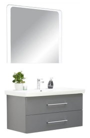 Moderne badkamercombinatie met grijze onderkast, twee lades, een witte wastafel en een grote spiegel, gezien van voren.