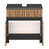 Waschbeckenunterschrank aus Holz mit offenen Türen, Frontansicht