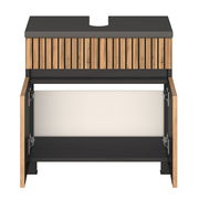 Waschbeckenunterschrank aus Holz mit offenen Türen, Frontansicht