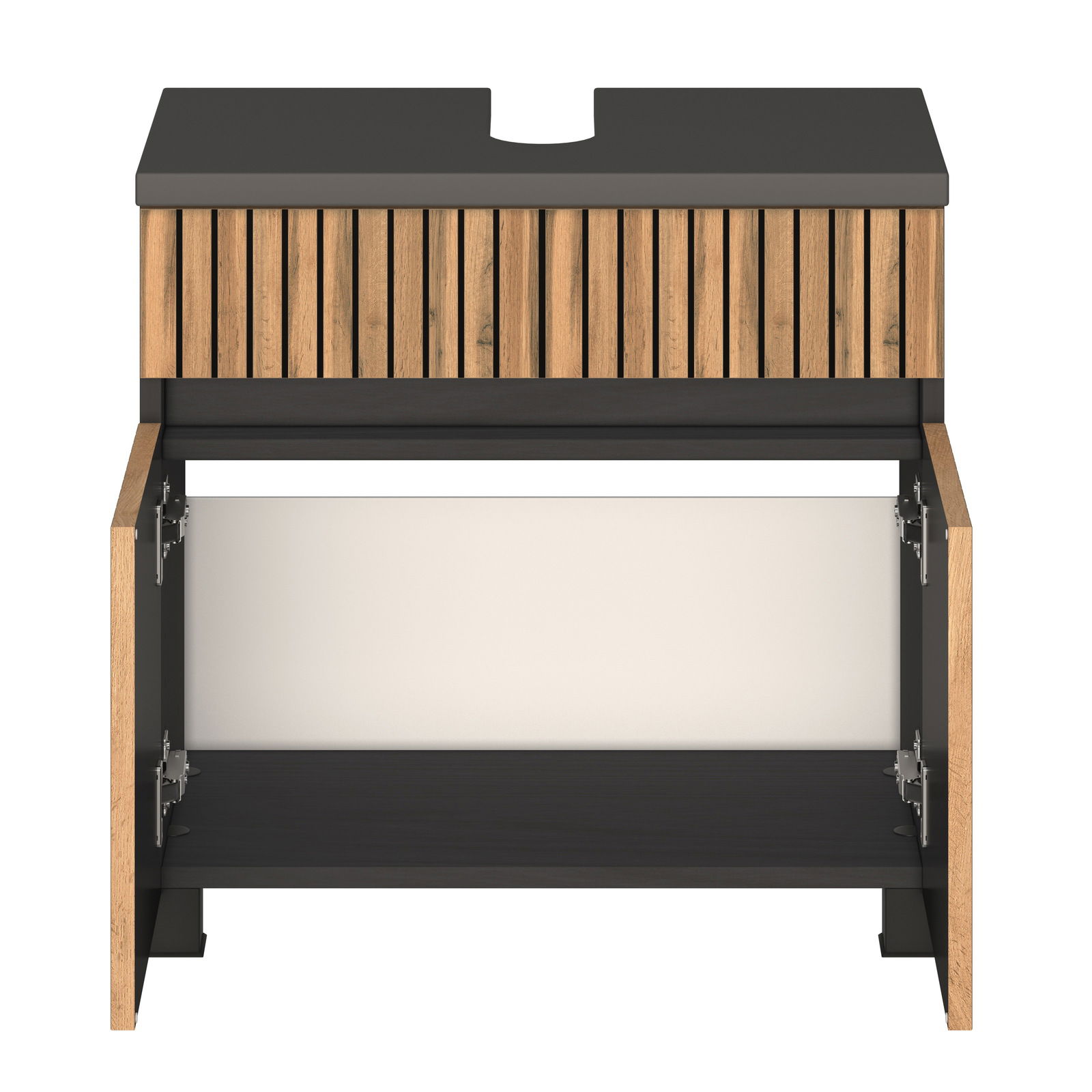 Waschbeckenunterschrank aus Holz mit offenen Türen, Frontansicht