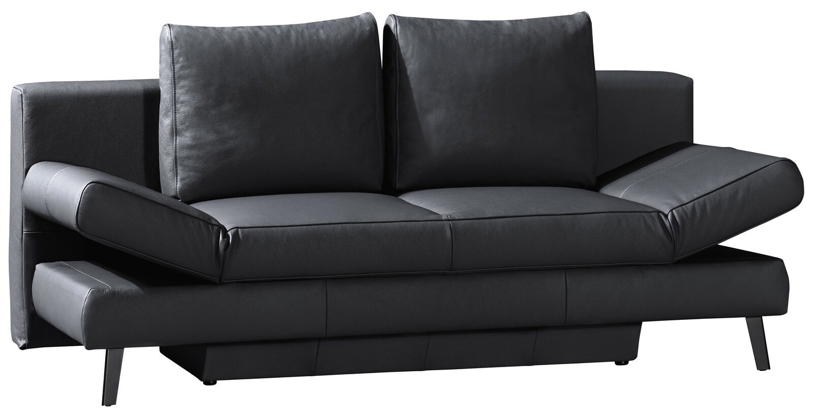 Schwarzes Querschläfer-Sofa mit verstellbaren Armlehnen, Vorderansicht