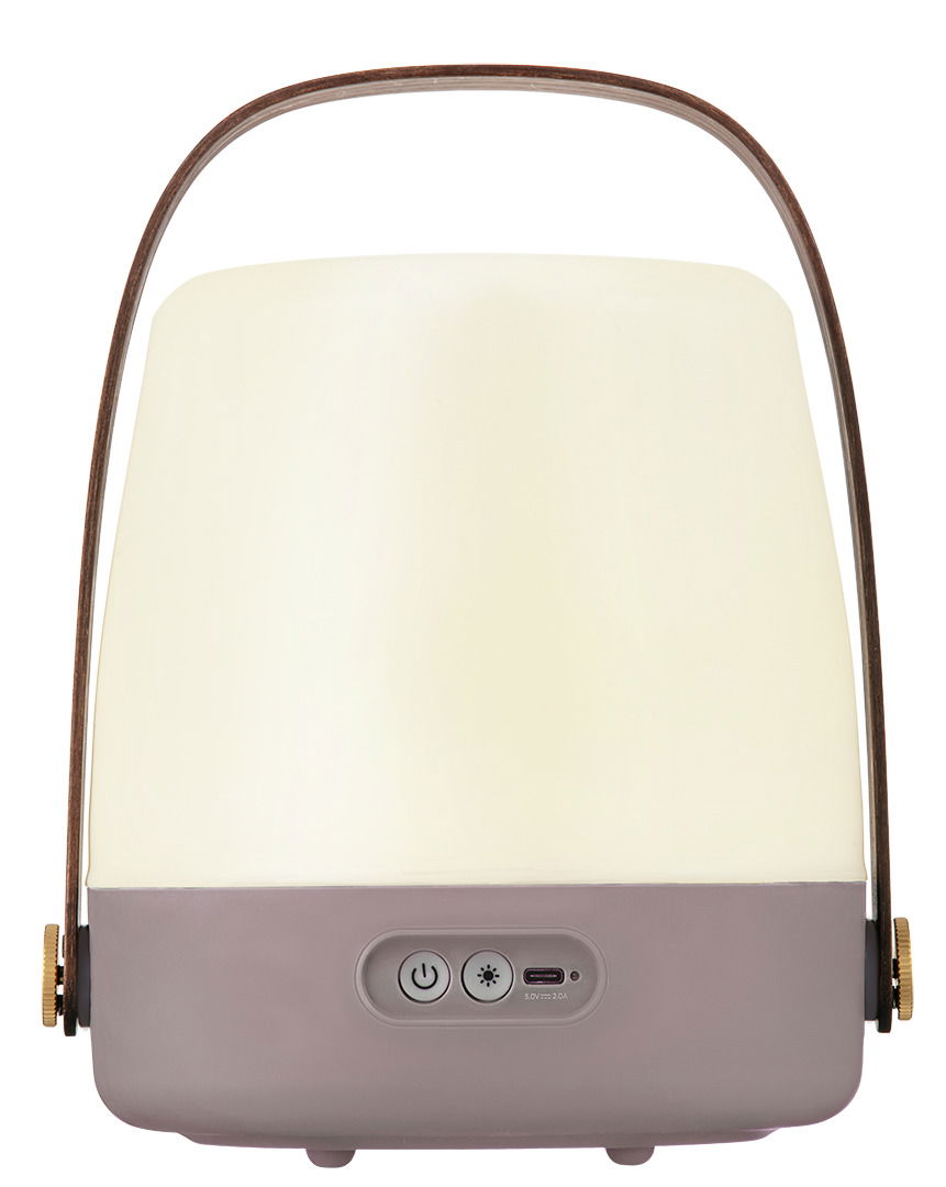 Frontansicht der kooduu LED-Lampe LITE-UP 2.0 mit grauem Sockel und Bedienelementen.