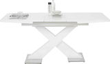 Moderner weißer Funktions-Esstisch mit X-förmigem Gestell, seitliche Perspektive