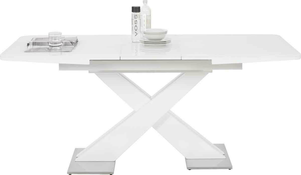 Moderner weißer Funktions-Esstisch mit X-förmigem Gestell, seitliche Perspektive