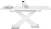 Moderner weißer Funktions-Esstisch mit X-förmigem Gestell, seitliche Perspektive