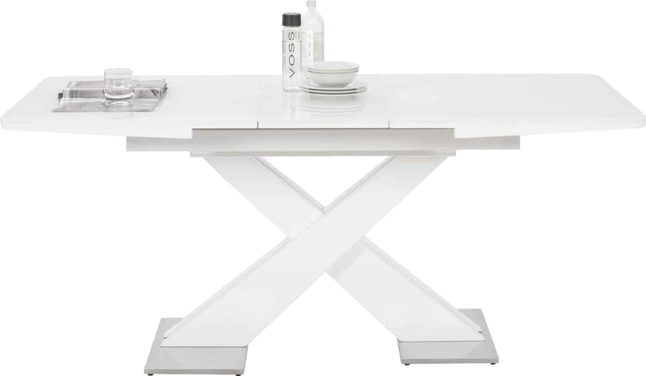 Moderner weißer Funktions-Esstisch mit X-förmigem Gestell, seitliche Perspektive