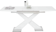 Moderner weißer Funktions-Esstisch mit X-förmigem Gestell, seitliche Perspektive