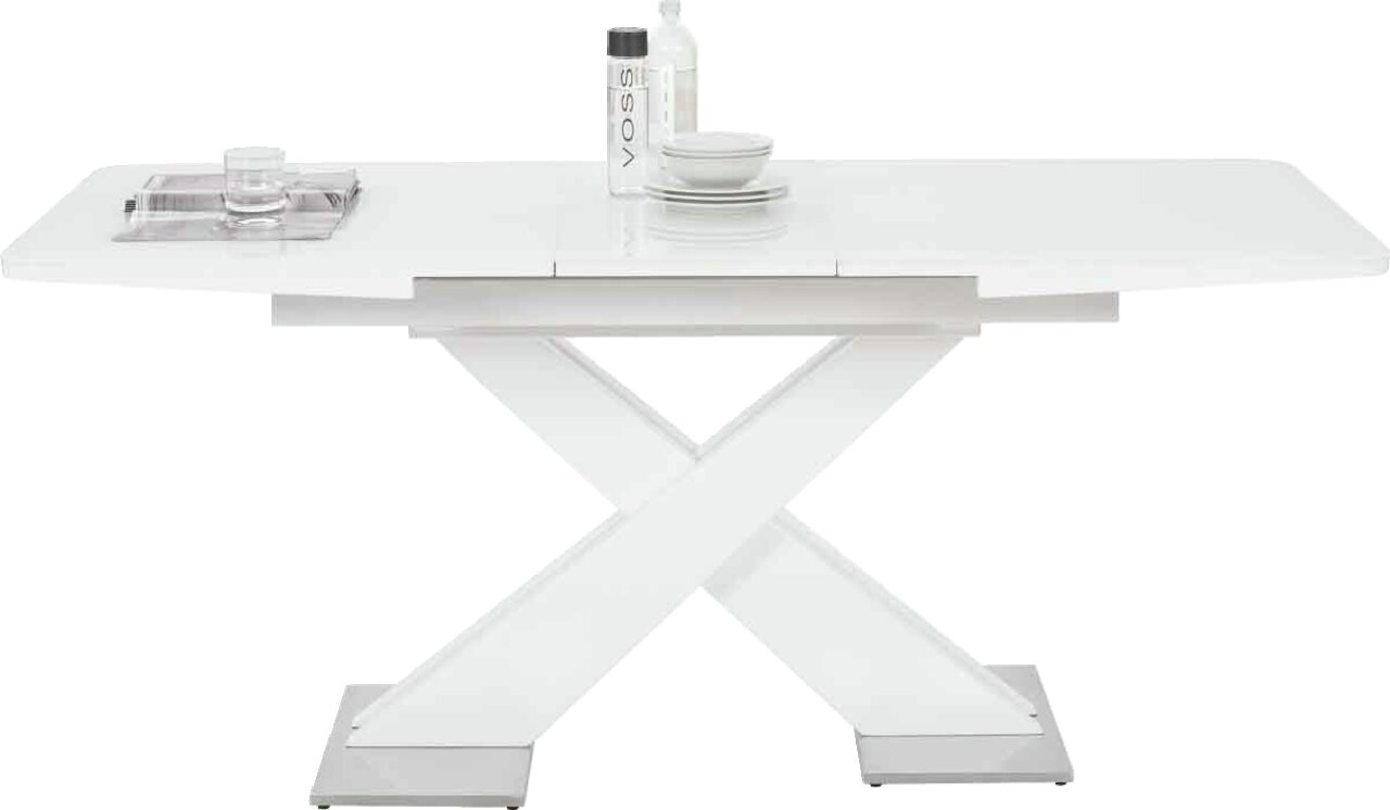 Moderner weißer Funktions-Esstisch mit X-förmigem Gestell, seitliche Perspektive