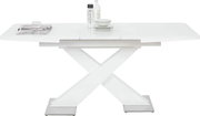 Moderner weißer Funktions-Esstisch mit X-förmigem Gestell, seitliche Perspektive