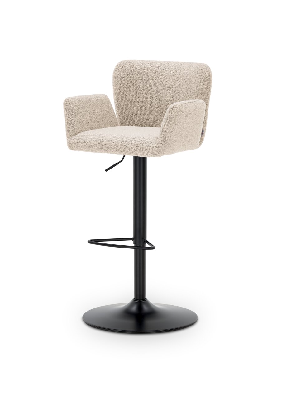 Moderne barkruk met beige stoffen bekleding en zwart metalen frame, zijaanzicht