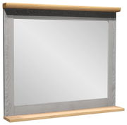 Moderner Spiegel mit grauem Holzrahmen und heller Ablage, seitliche Perspektive