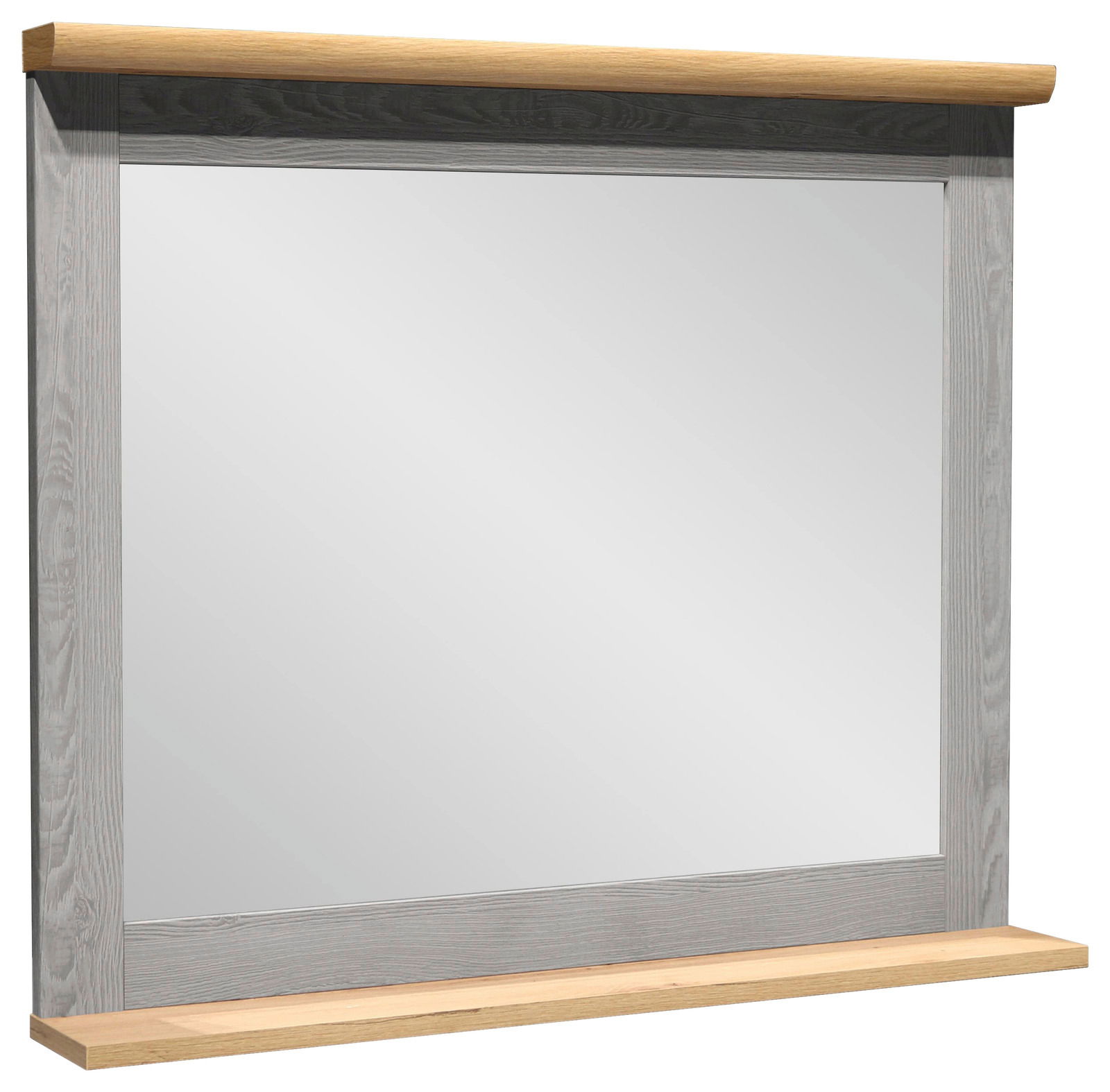 Moderner Spiegel mit grauem Holzrahmen und heller Ablage, seitliche Perspektive