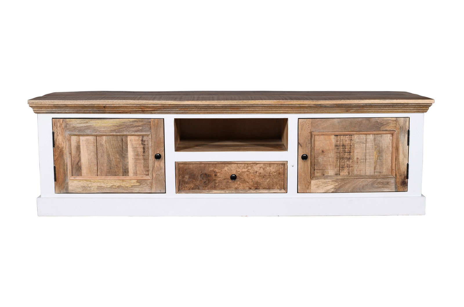 TV-Lowboard aus Holz mit zwei Türen, einer Schublade und einem offenen Fach, Frontalansicht