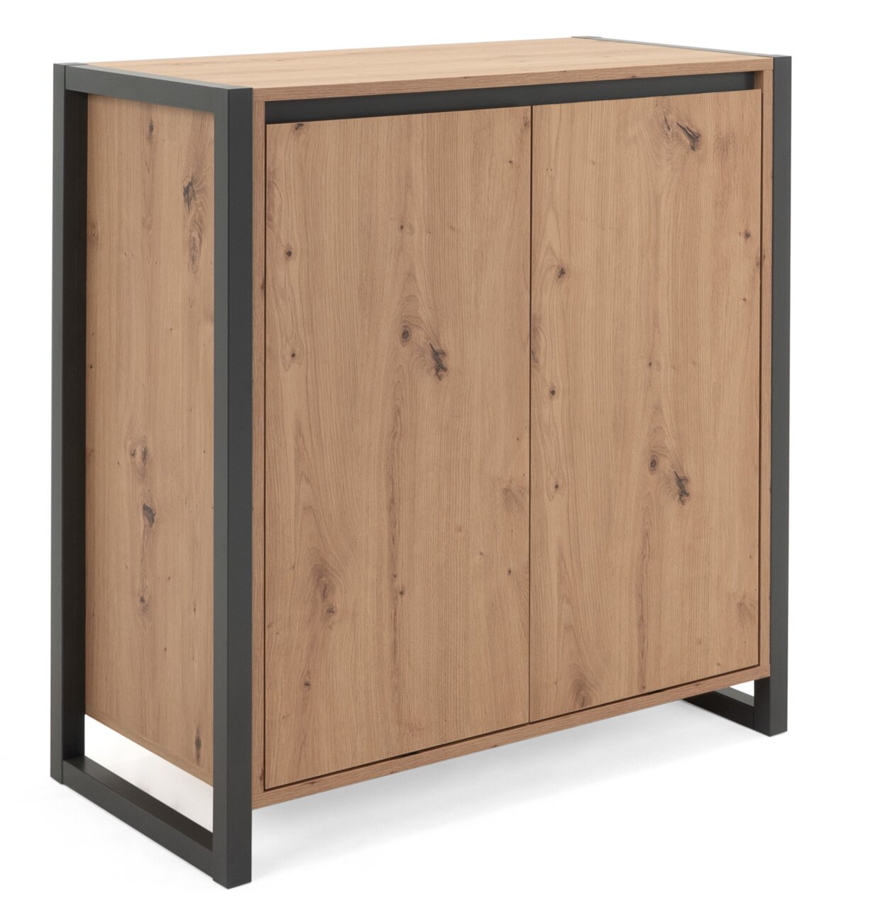 Kommode aus Holz mit Metallrahmen, seitliche Perspektive
