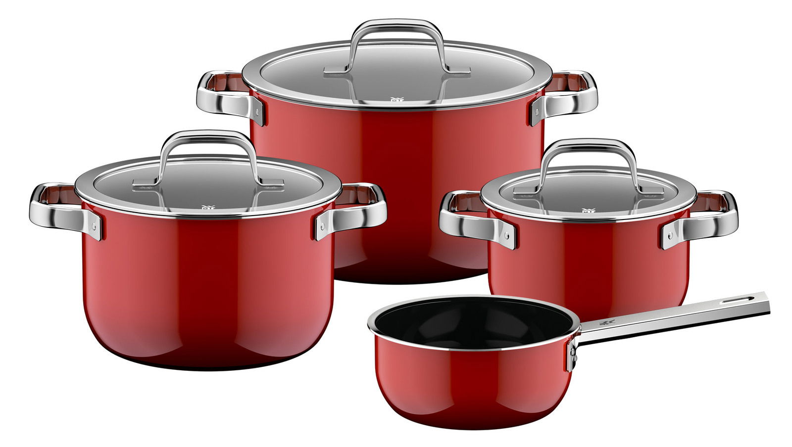 Vier-teiliges Topfset in leuchtendem Rot mit Edelstahlgriffen und Glasdeckeln, aus der Perspektive leicht von oben betrachtet.