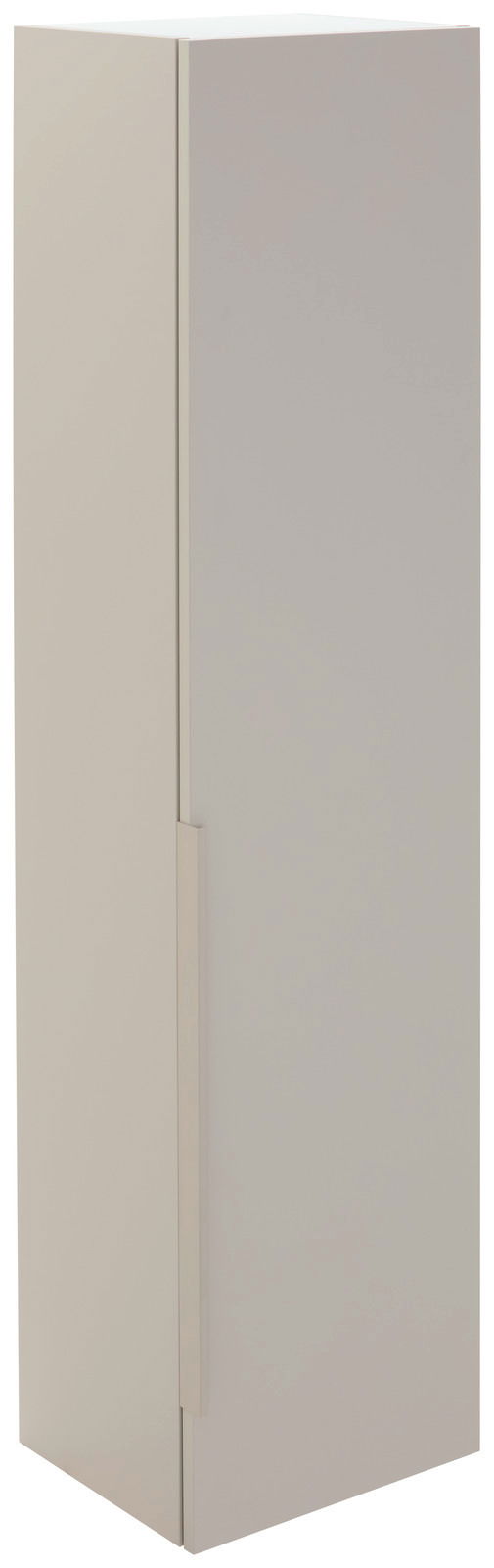 Moderner, schlichter Garderobenschrank in hellem Beige, seitliche Perspektive