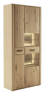 Holz-Kombivitrine mit Glaseinsätzen und Beleuchtung, seitliche Perspektive