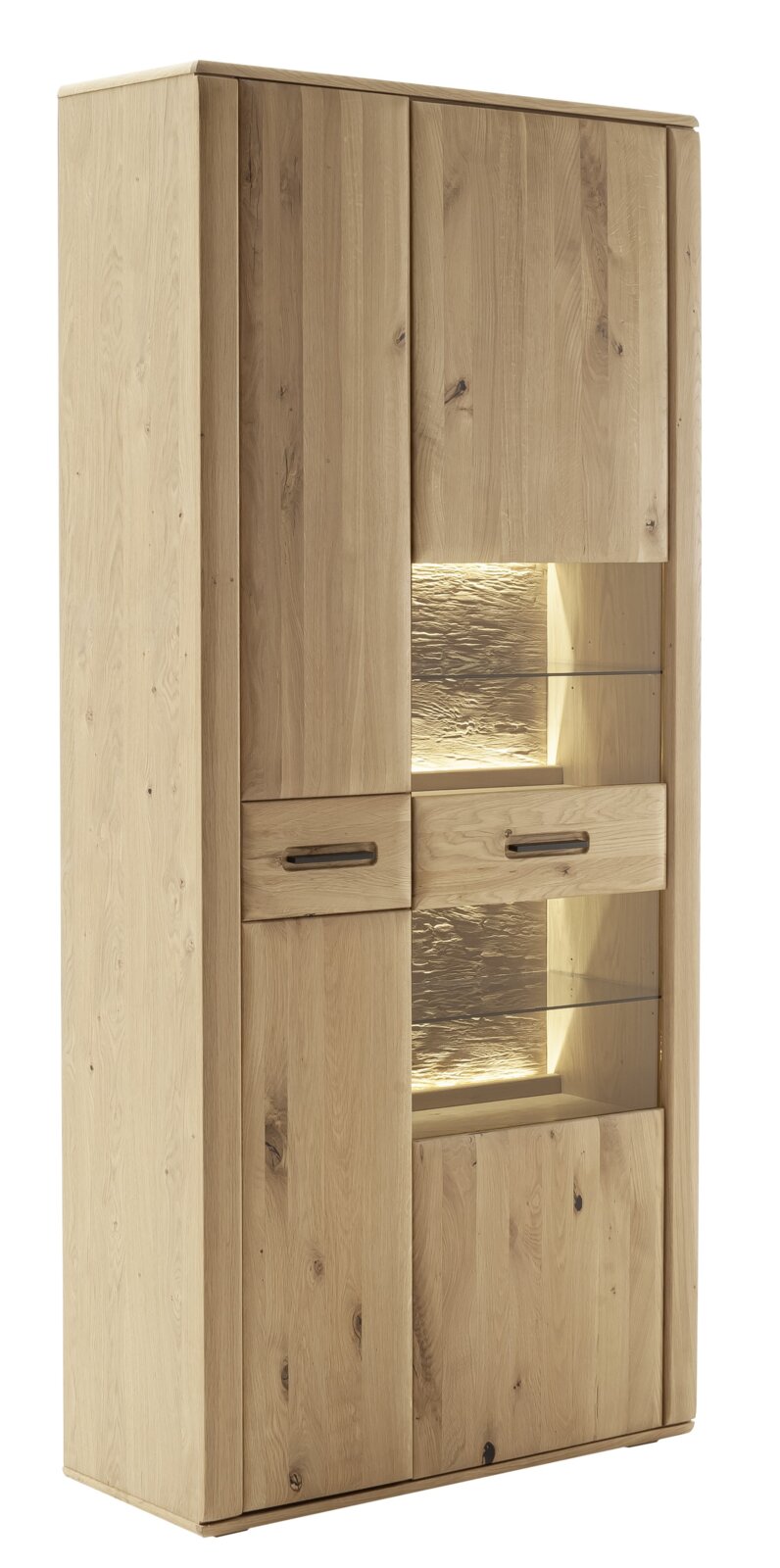 Holz-Kombivitrine mit Glaseinsätzen und Beleuchtung, seitliche Perspektive