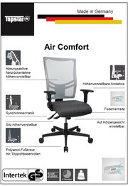 Ergonomischer Drehstuhl mit atmungsaktiver Netzrückenlehne, höhenverstellbaren Armlehnen, Synchronmechanik und Federkernsitz. Perspektive: Frontalansicht.