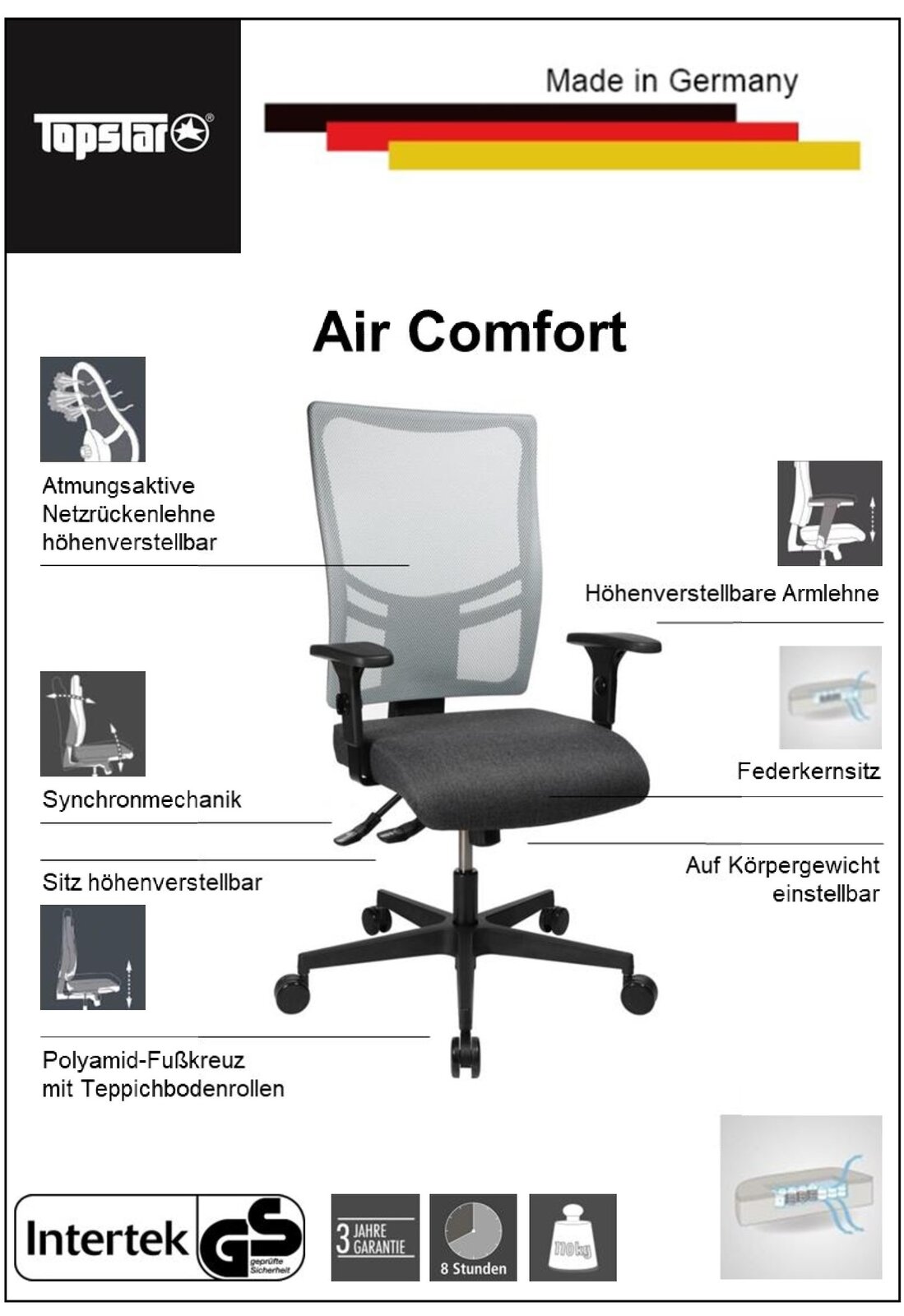 Ergonomischer Drehstuhl mit atmungsaktiver Netzrückenlehne, höhenverstellbaren Armlehnen, Synchronmechanik und Federkernsitz. Perspektive: Frontalansicht.
