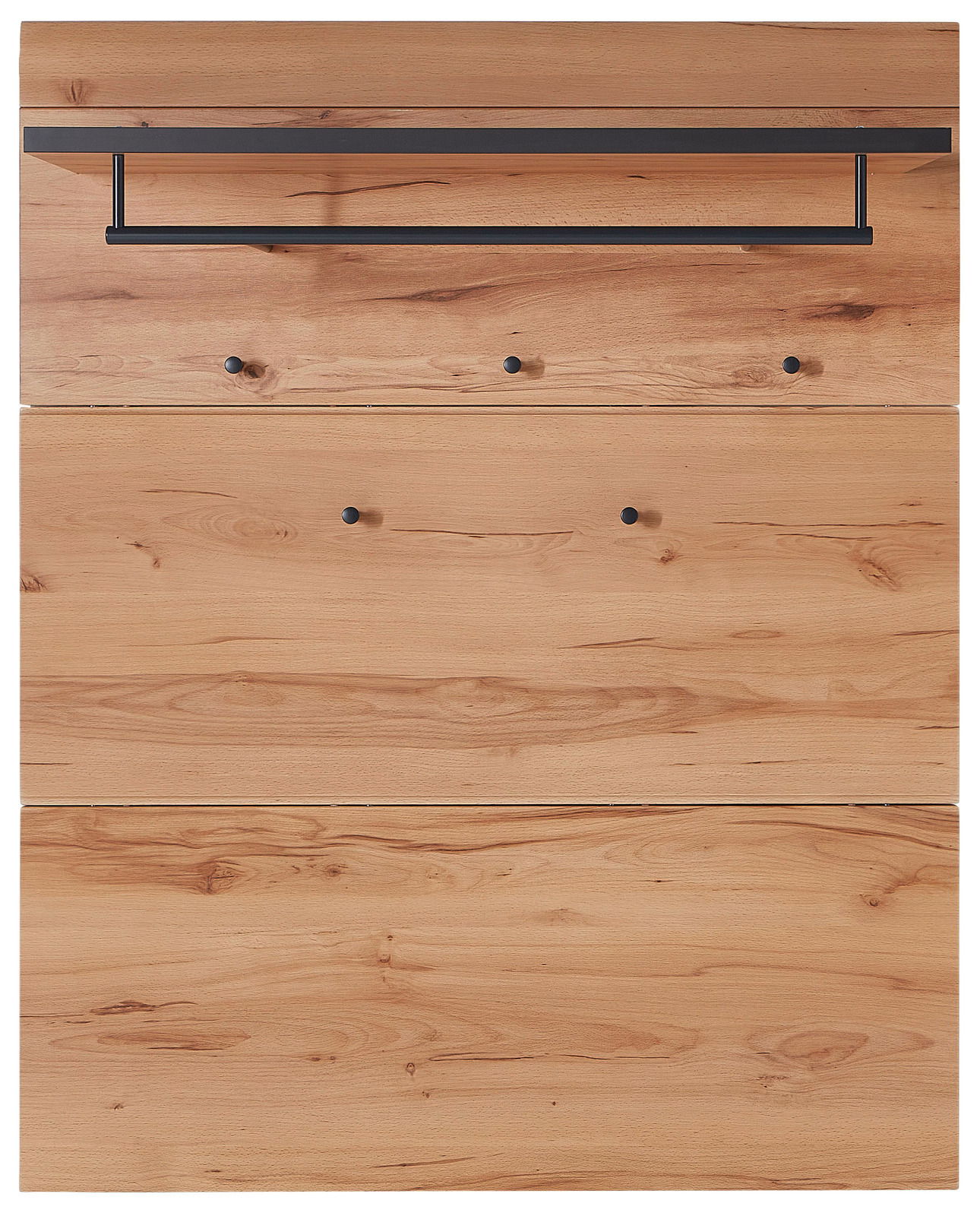 Frontansicht eines Garderobenpaneels aus Holz mit schwarzer Kleiderstange und Haken.