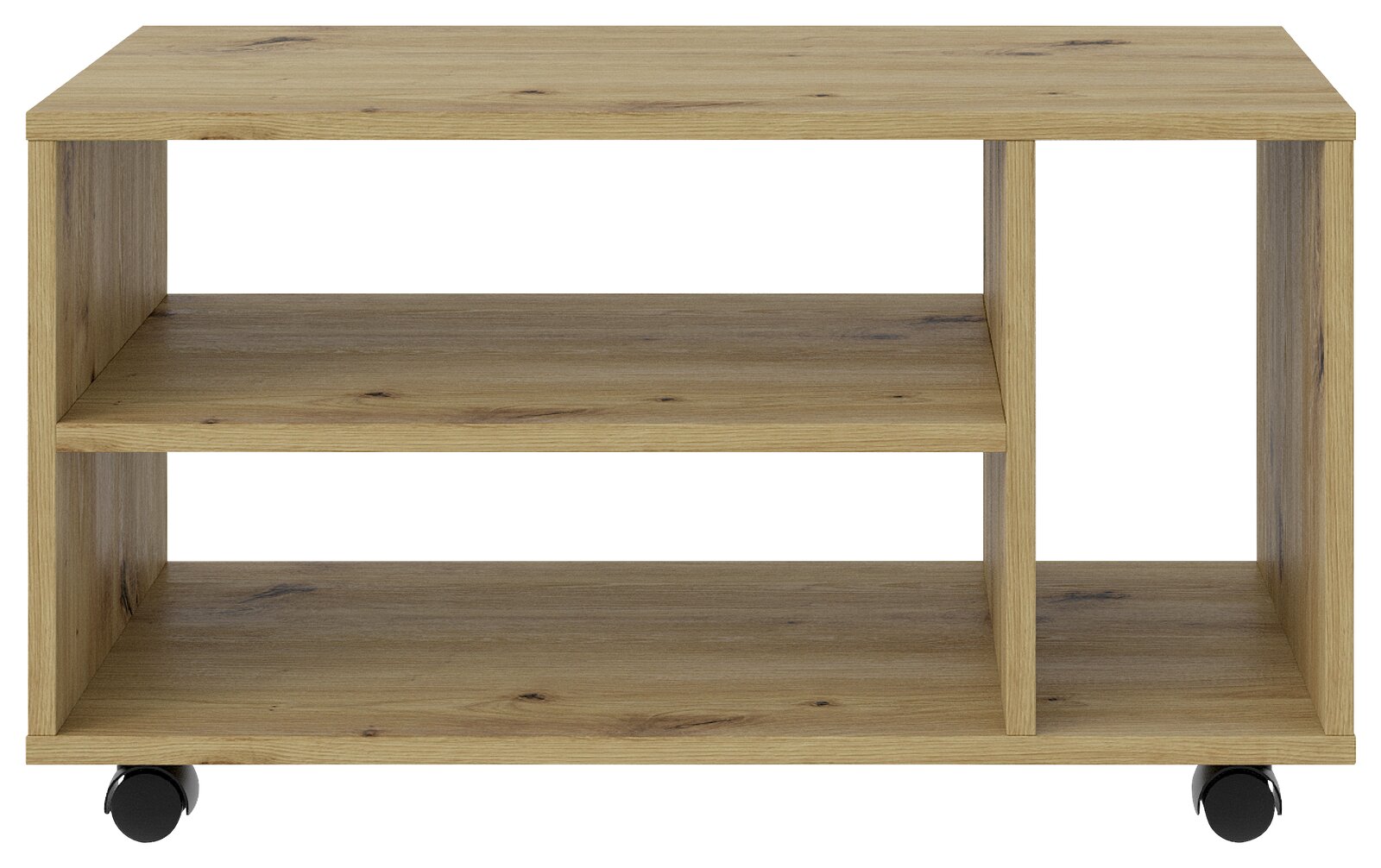 TV-Rollwagen aus Holz mit zwei Regalböden und Rollen, Frontalansicht