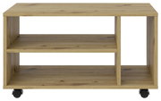 TV-Rollwagen aus Holz mit zwei Regalböden und Rollen, Frontalansicht