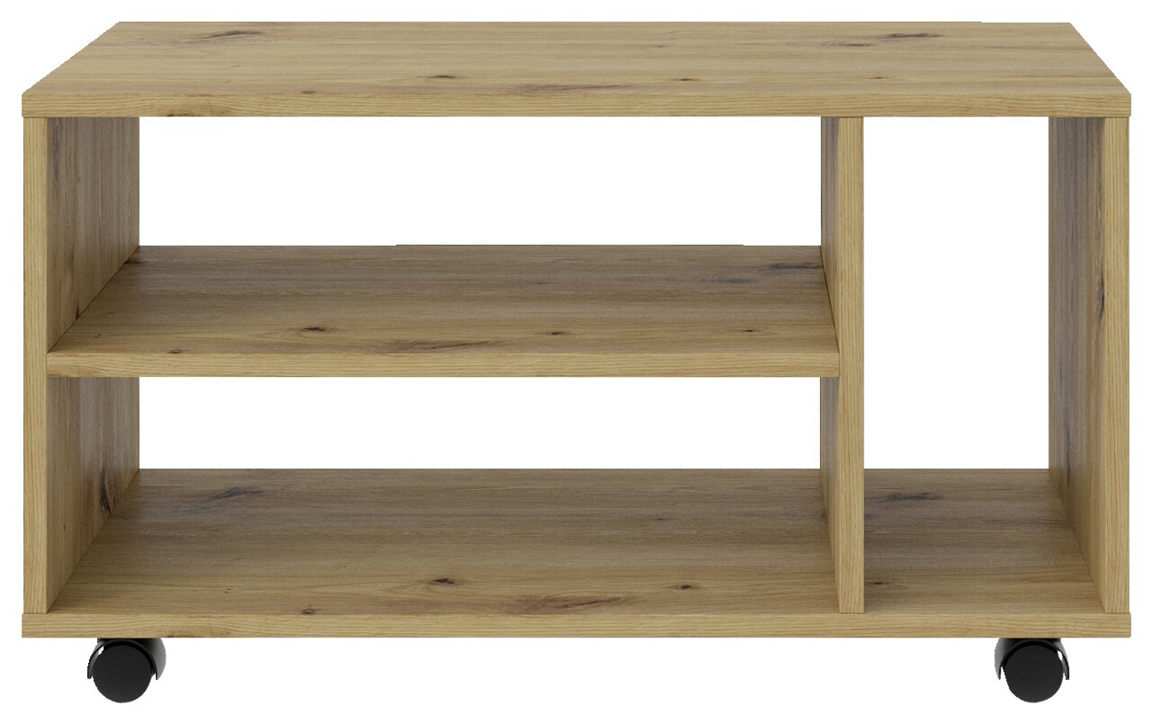 Houten tv-rolwagen met twee planken en wieltjes, vooraanzicht