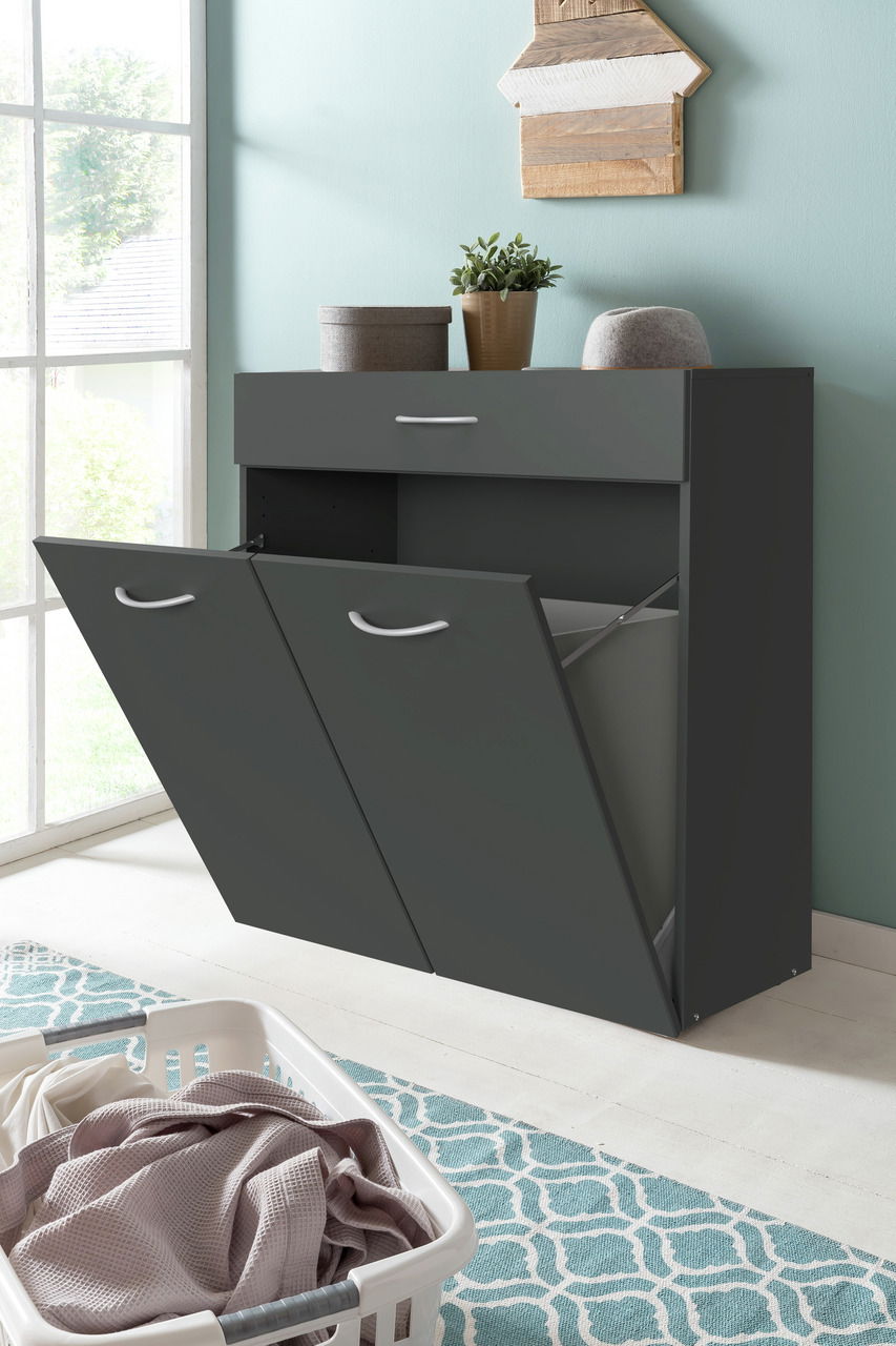 XORA Wäschekommode MULTIRAUMKONZEPT Moderne Wäschekommode in dunklem Design mit zwei geöffneten Klappen und einer Schublade, seitliche Perspektive