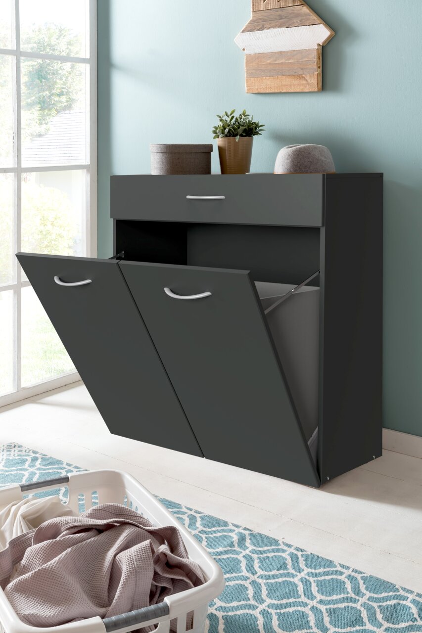 XORA Wäschekommode MULTIRAUMKONZEPT Moderne Wäschekommode in dunklem Design mit zwei geöffneten Klappen und einer Schublade, seitliche Perspektive