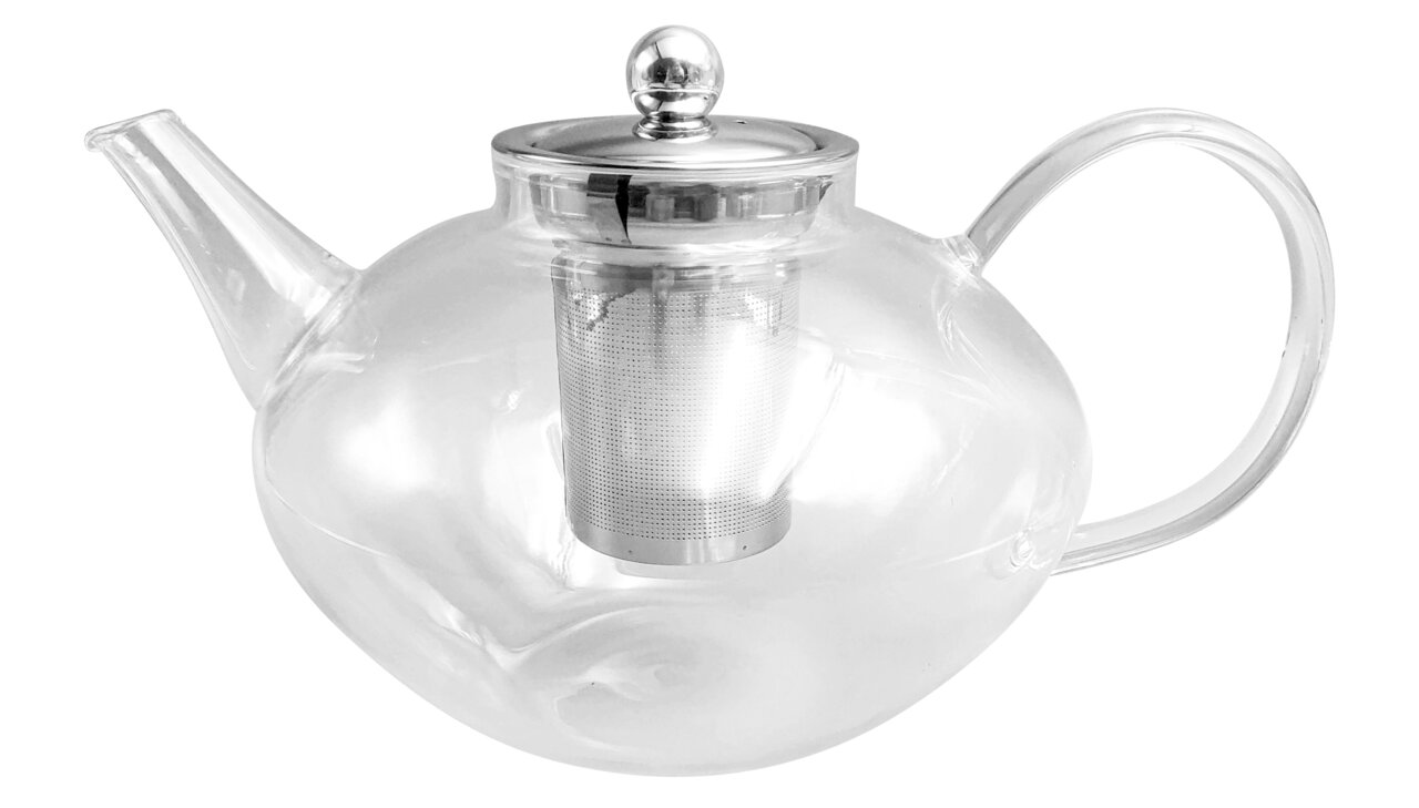 Transparente Teekanne mit integriertem Edelstahl-Teesieb, seitliche Perspektive
