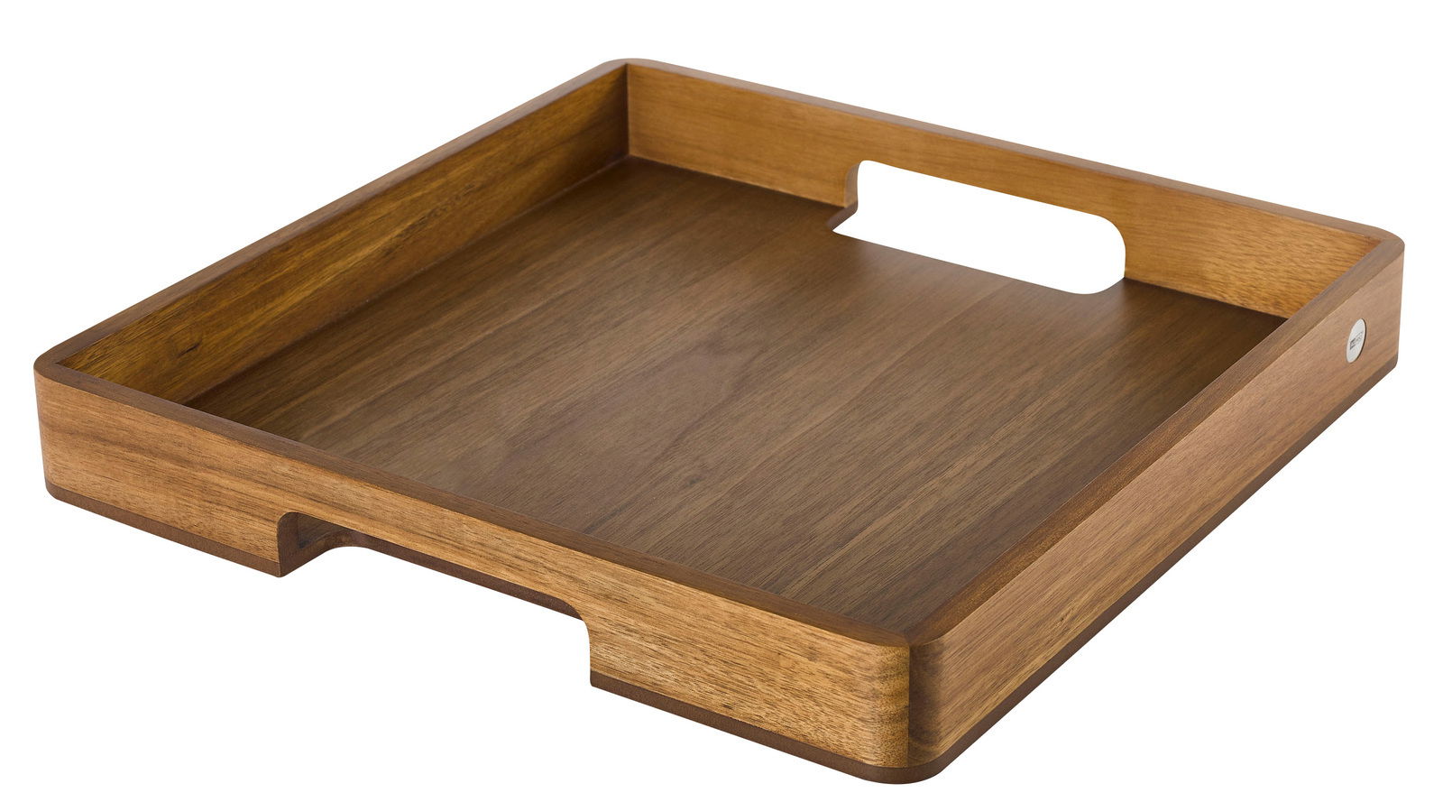 Holz-Serviertablett Serve Square 40 mit erhöhtem Rand und Griffen, aus seitlicher Perspektive fotografiert.