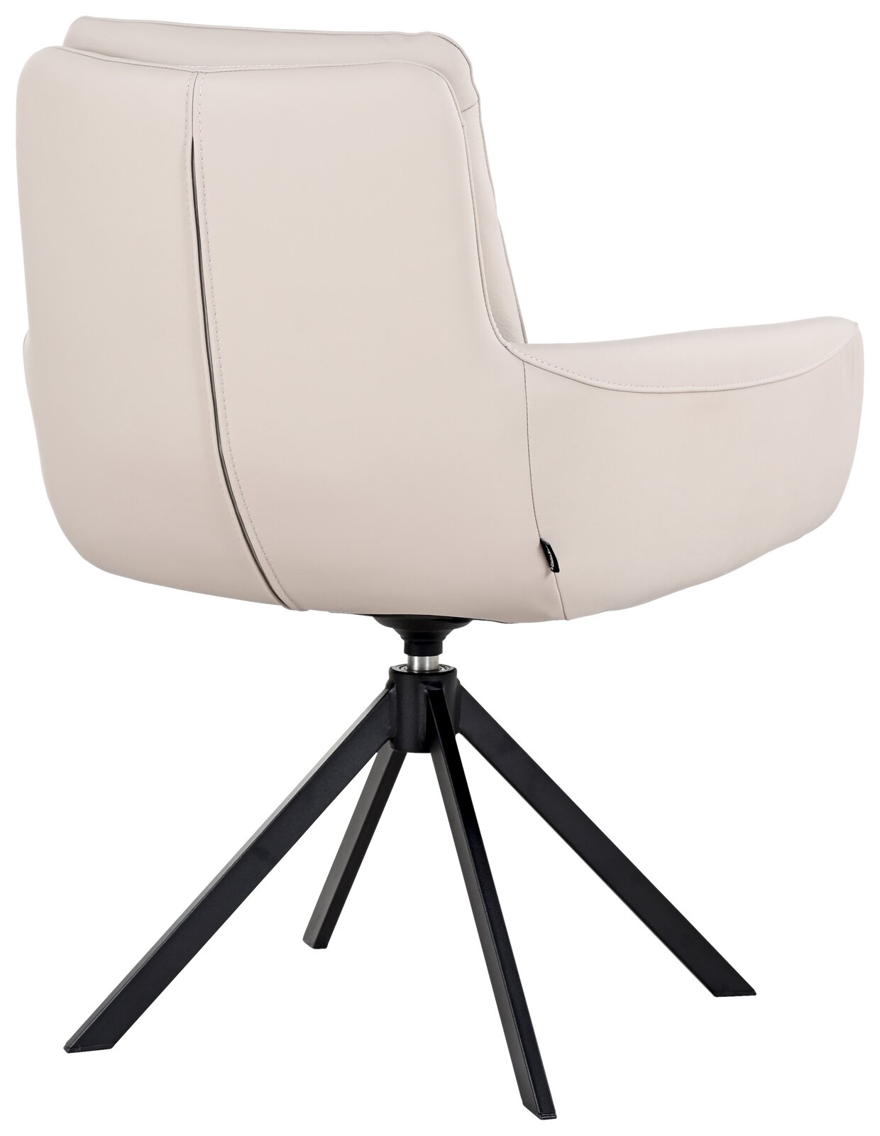 Rückansicht eines modernen Sessels mit hellbeigem Bezug und schwarzem Metallgestell.