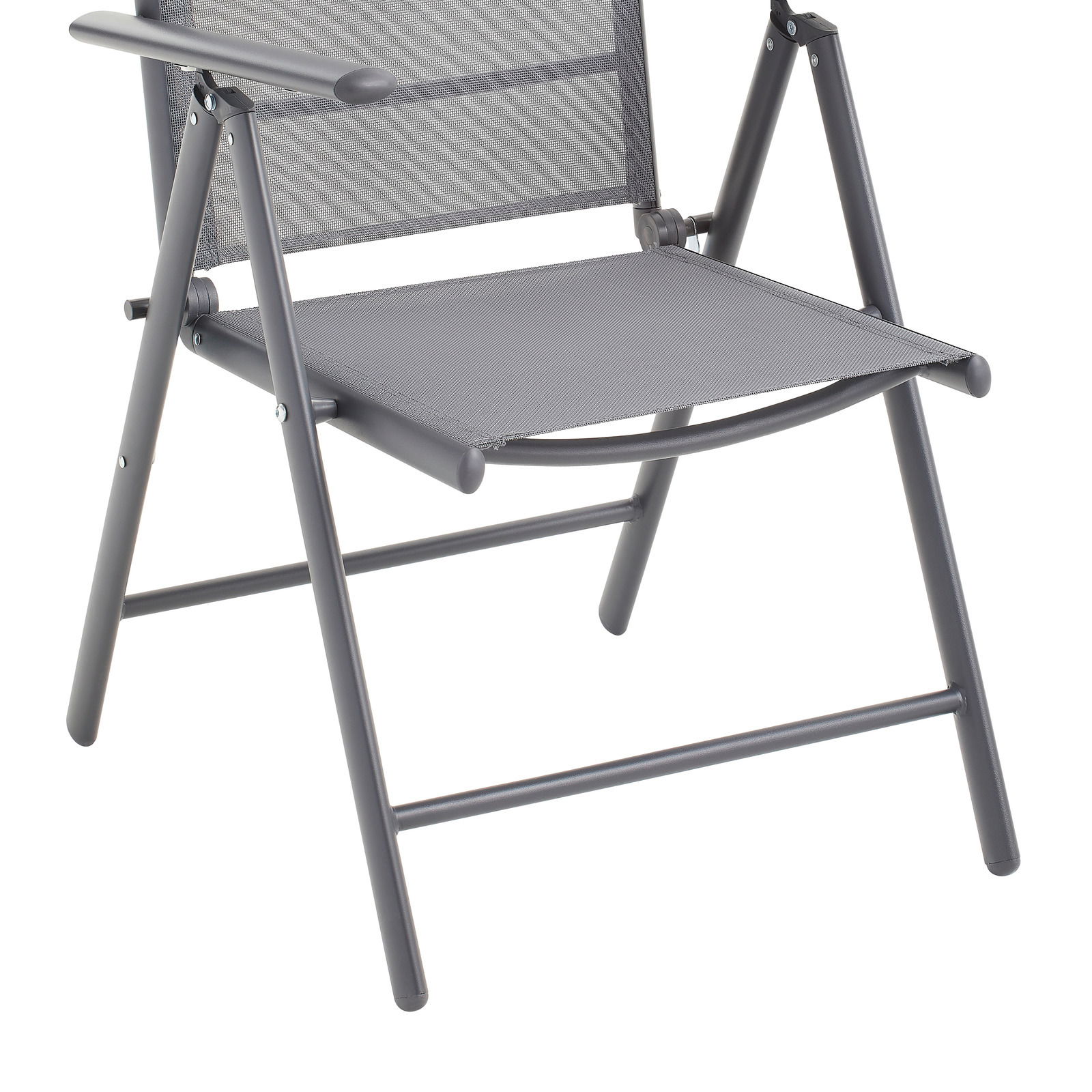 Moderner grauer Gartenstuhl aus Metall mit Armlehnen, seitliche Perspektive