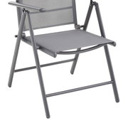 Moderner grauer Gartenstuhl aus Metall mit Armlehnen, seitliche Perspektive