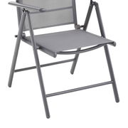 Moderner grauer Gartenstuhl aus Metall mit Armlehnen, seitliche Perspektive