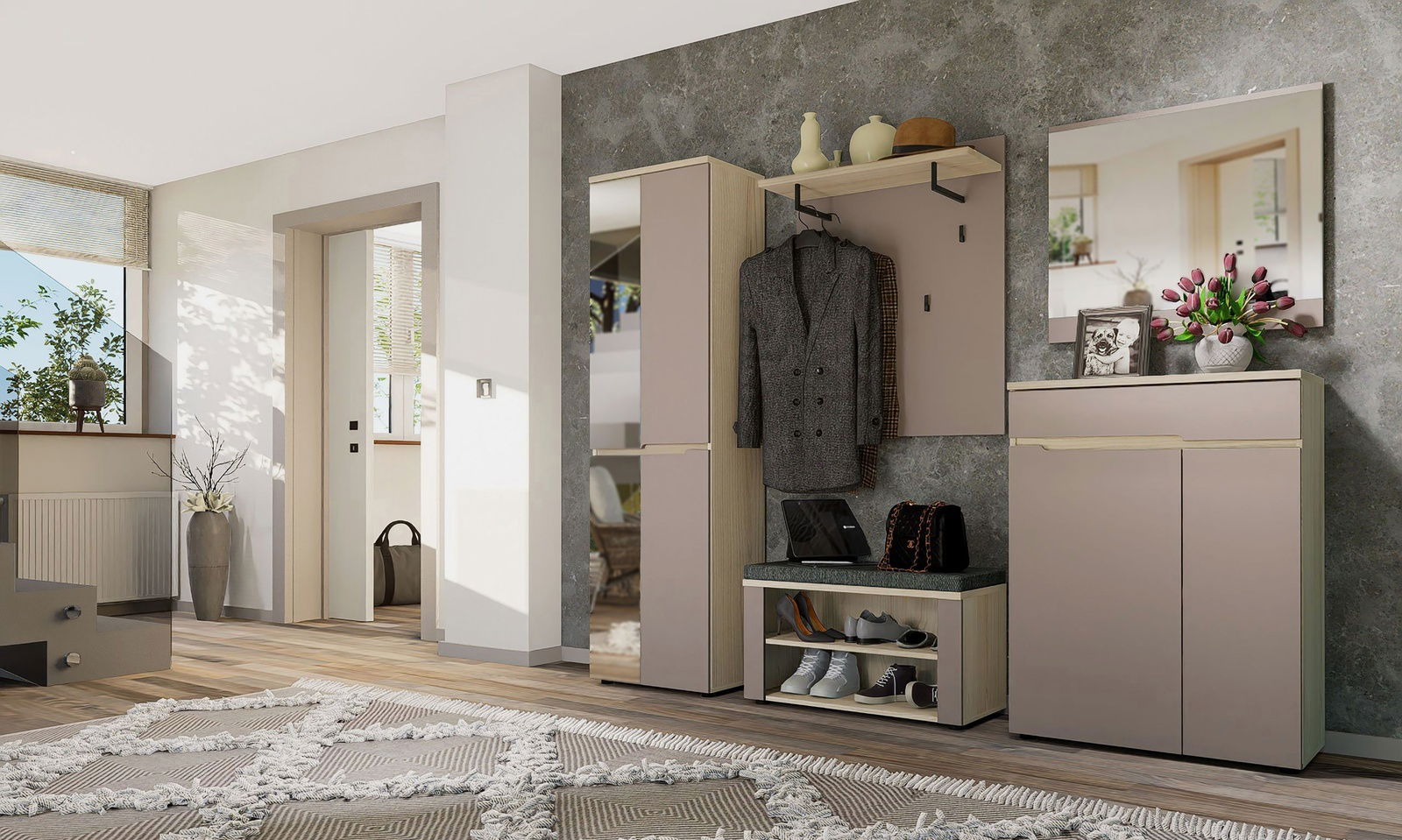 Voleo Garderobenpaneel BOSTON Moderne Garderobenkombination in einem Flur mit Schuhschrank, Garderobenpaneel, Spiegel und Bank, aus der Perspektive von links vorne betrachtet.