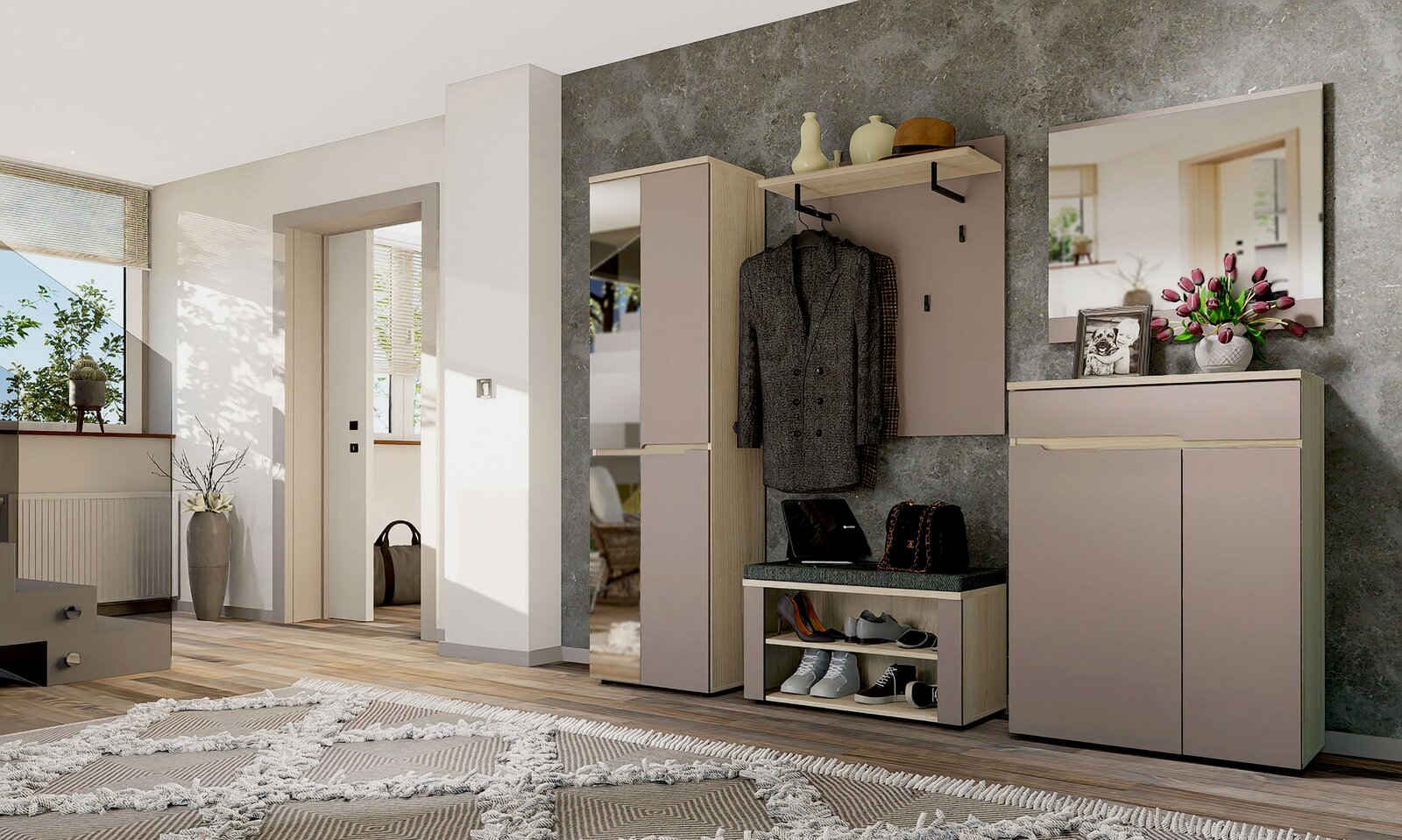 Voleo Garderobenpaneel BOSTON Moderne Garderobenkombination in einem Flur mit Schuhschrank, Garderobenpaneel, Spiegel und Bank, aus der Perspektive von links vorne betrachtet.