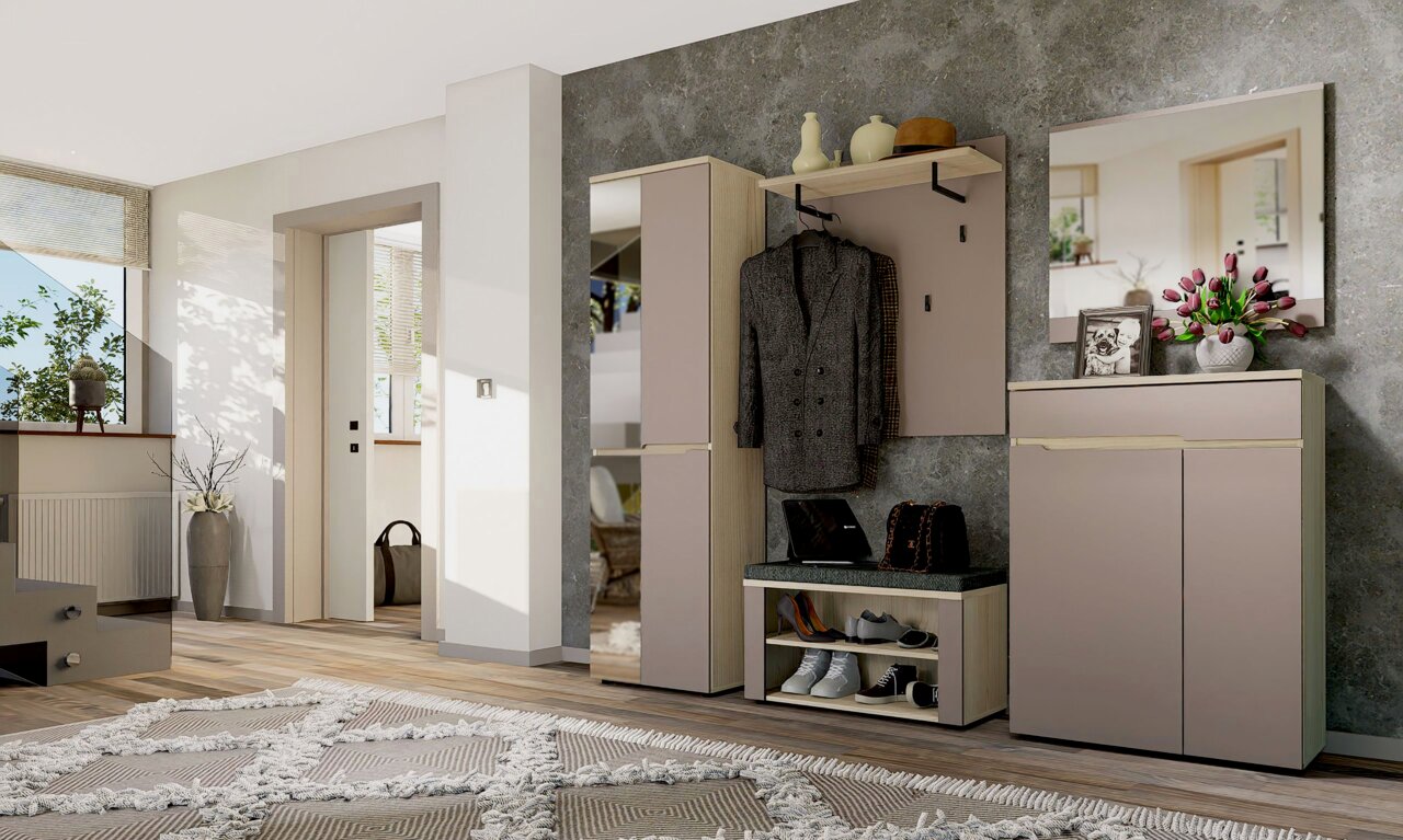 Voleo Bank BOSTON Moderne Garderobenkombination in einem Flur mit Schuhschrank, Garderobenpaneel, Spiegel und Bank, aus der Perspektive von links vorne betrachtet.