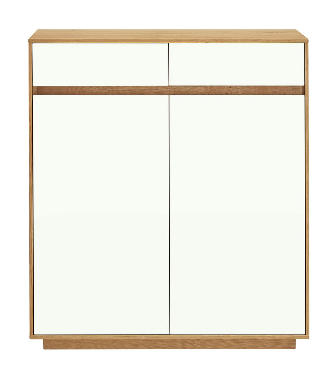 Moderner Schuhschrank aus Holz mit zwei Schubladen und zwei Türen, frontale Ansicht.