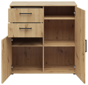 Kommode aus Holz mit zwei offenen Schubladen und zwei offenen Türen, frontale Ansicht